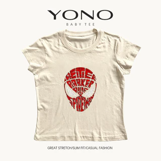 (พร้อมส่ง24ชม.) YONO baby tee สีดำ ลายหน้ากากสีแดงพร้อมข้อความกราฟิก ทรงเข้ารูป สตรีท y2k