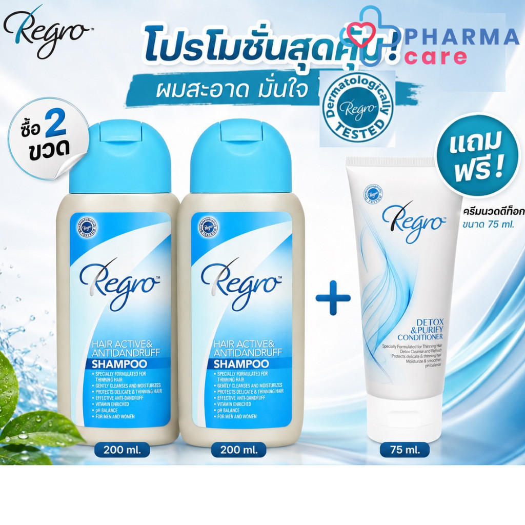 [ซื้อ 2 ขวดแถมครีมนวด Detox 75 ml.] Regro Hair Active & Ant-Dandruff Shampoo ผมมีปัญหารังแค 200 ml. [PC]