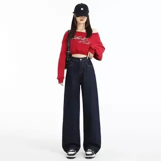 DK JEANS กางเกงยีนส์ ขากว้าง สีน้ำเงินเข้ม สไตล์อเมริกันสำหรับผู้หญิง รุ่นใหม่ เอวสูง ทรงหลวม สบายๆ ป้ายน้ำตาลสุดเก๋