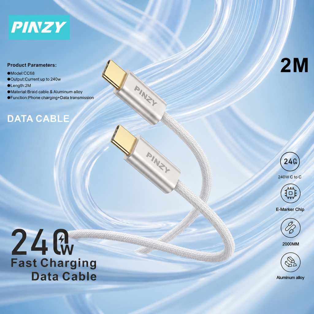 PINZY CC68 USB Type-C ถึง Type-C 240W PD Fast สายชาร์จข้อมูล 2 เมตร