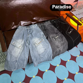 Paradise | XS-2XL | กางเกงคาโก้ 5 ส่วน ทรงคาร์โก้ ผ้ายีนส์ฟอก ดีไซน์เท่ Men - Women Unisex ใส่ได้ทั้ง ผู้ชาย และ ผู้หญิง