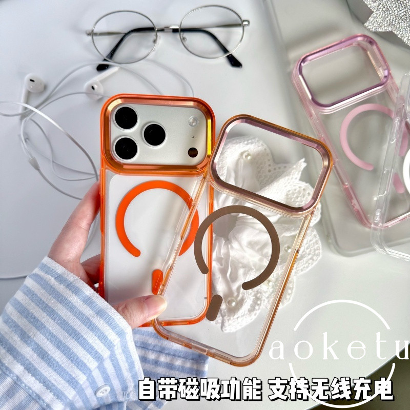 เคสโทรศัพท์แม่เหล็กโปร่งใสขอบสีหรูหราเหมาะสําหรับ ไอโฟน 14 15 16 17 มือโปร สูงสุด โลหะและเลนส์สูงป้องกันการตกฝาครอบซิลิโ