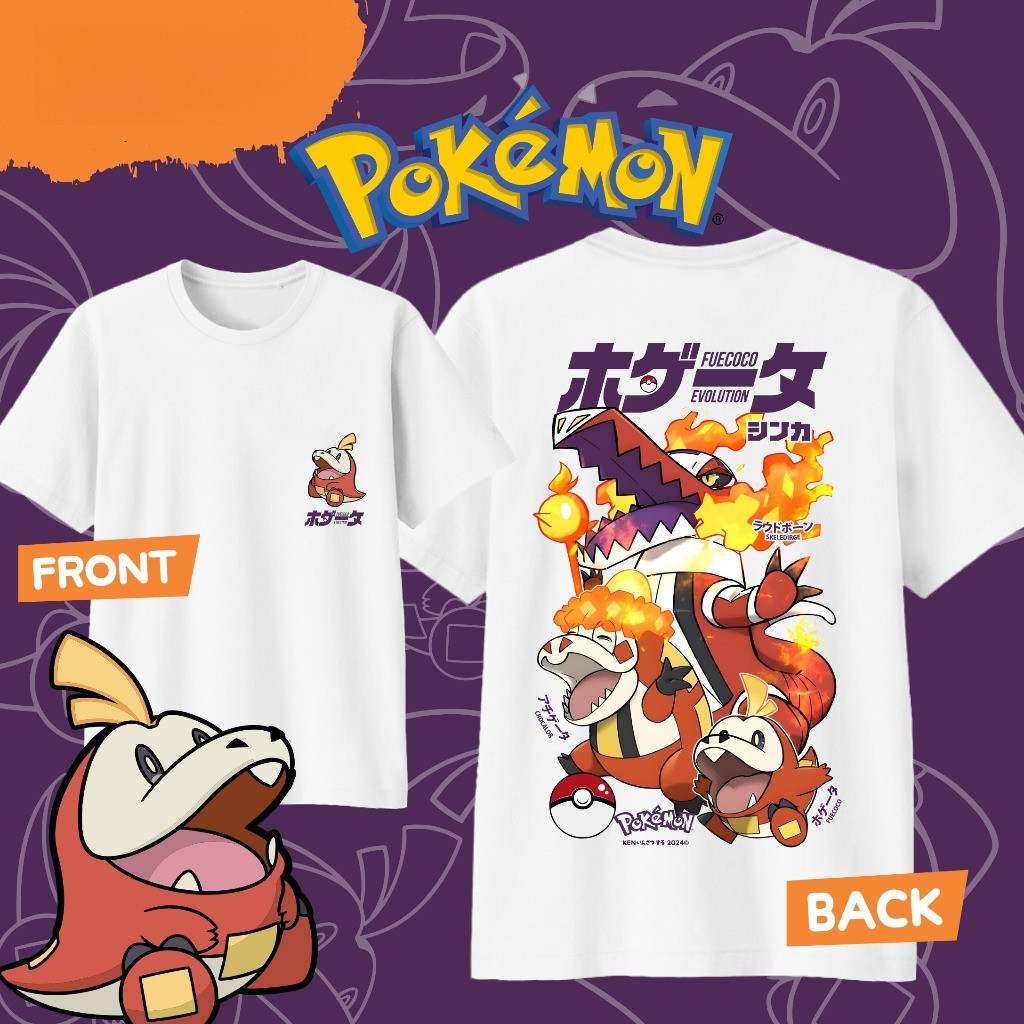 เสื้อยืดผ้าฝ้าย100%ทั้งชายหญิง ลาย Fuecoco Pokemon สำหรับชายหญิง สไตล์อนิเมะญี่ปุ่น