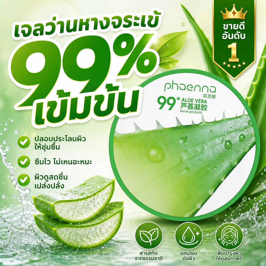 เจลว่านหางจระเข้ Aloe Vera 99% 300ml ชุ่มชื้น ซูทติ้ง เนื้อเจลเข้มข้น ซึมซาบไว ไม่เหนียวเหนอะหนะ