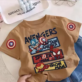 เสื้อยืดเด็กผ้าฝ้ายแท้แขนสั้น ลายปัก Marvel Avengers อเวนเจอร์ส รวมฮีโร่ กัปตันอเมริกา สไปเดอร์แมน ไอรอนแมน