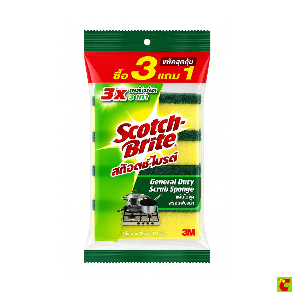 สก๊อตช์-ไบรต์ แผ่นใยขัดพร้อมฟองน้ำ 3 ชิ้น ฟรี 1 ชิ้น