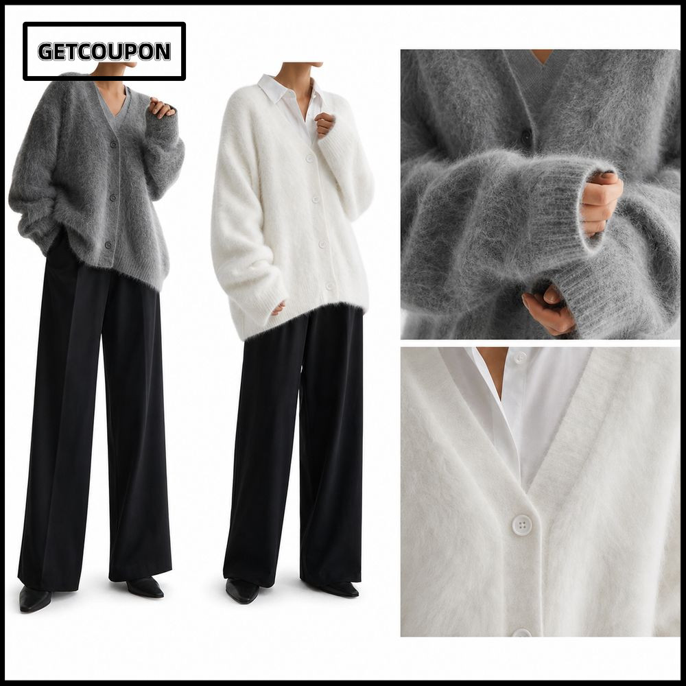 GETCOUPON V Neck cardigan, V Neck Long Sleeve Fuzzy cardigan, ปุ่มคุณภาพสูงด้านหน้า Loose Fit Warm B