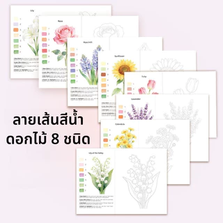 การ์ดฝึกร่างลายดอกไม้สีน้ํา 8 ชิ้น | กระดาษหนา 300ก เหมาะสําหรับผู้เริ่มต้น | ออกแบบหูง่ายสามารถติดตั้งได้ | หนังสือ แบบฝึกหัดวาดภาพสีน้ํา