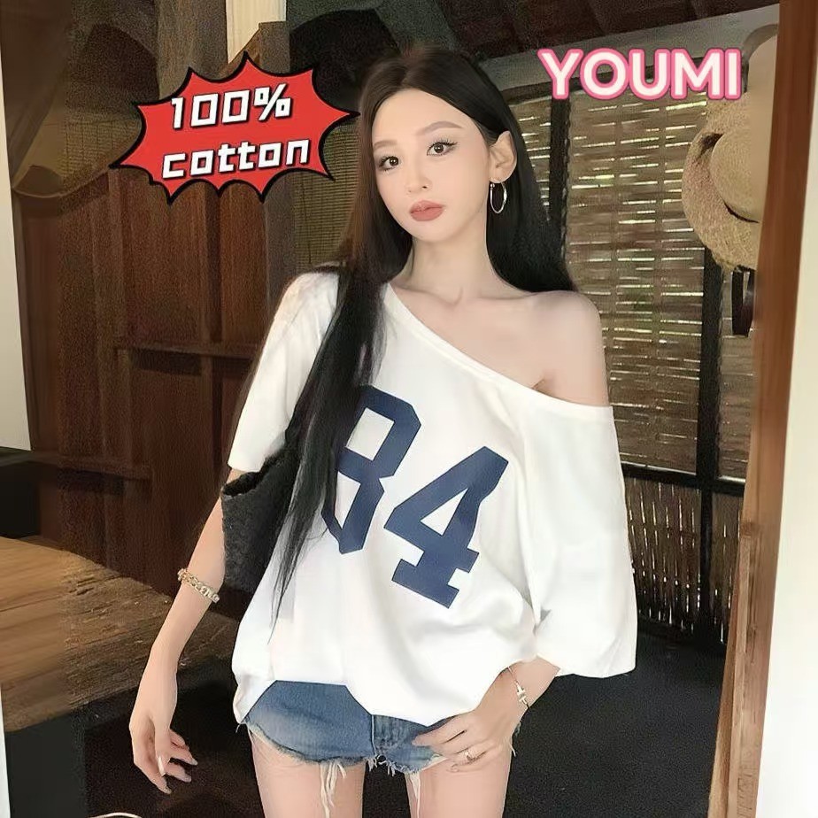 100%cotton เสื้อยืดผู้หญิง เสื้อยืดวินเทจ เสื้อปาดไหล่ เสือใส่สบาย ทรงหลวม แบบบาง