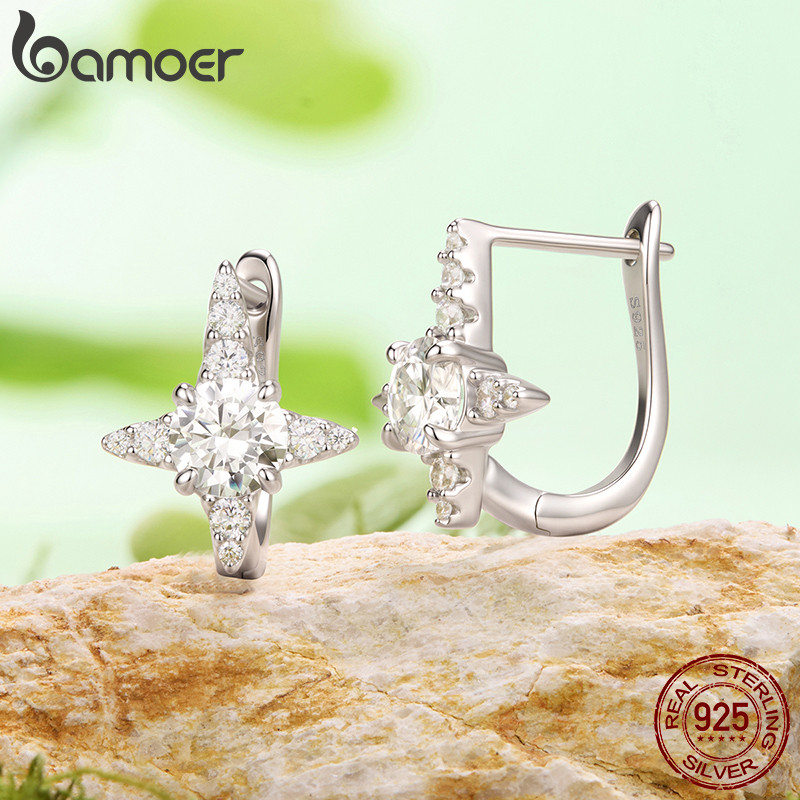 Bamoer حلق حلقي فضة 925 بنجمة مويسانيت — صورة 3