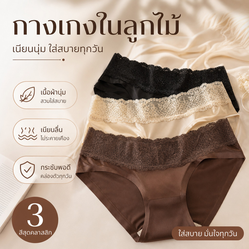 Candy🎀กางเกงในผ้าซาตินลูกไม้ลูกไม้ เนื้อเนียน ไม่รัดรอบ เซ็กซี่สุดๆ ใส่สบาย ไม่รอยติดตัว