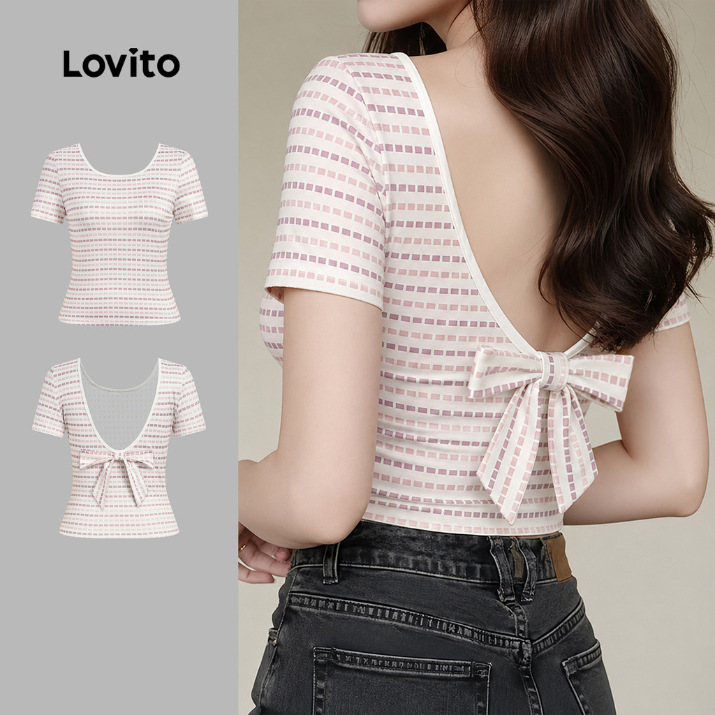 (New Arrival) Lovito เสื้อยืดลําลอง ลายโบว์ สไตล์ใหม่สําหรับฤดูใบไม้ผลิและฤดูร้อน สําหรับผู้หญิง เกาหลี อินเทรนด์ LK7AD107