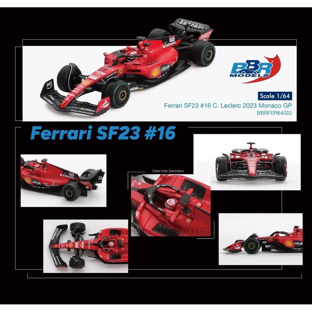 BBR Models 1:64 Ferrari SF23 2023 Monaco GP-#16 C. Leclerc BBRFER64022