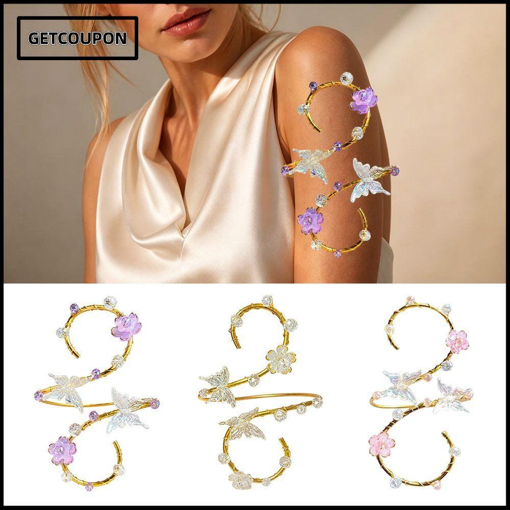 GETCOUPON Upper Arm Band, Adjustable Butterfly Flower Arm Cuff Bracelet, Crystal Bead Open Bracelet 