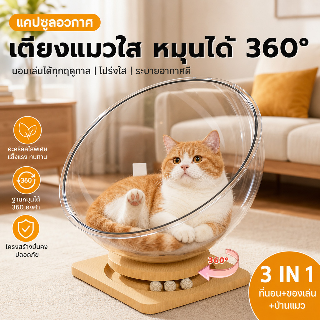 แคปซูลอวกาศบ้านแมว อะคริลิคใส ฐานไม้เนื้อแข็ง เตียงสัตว์เลี้ยง