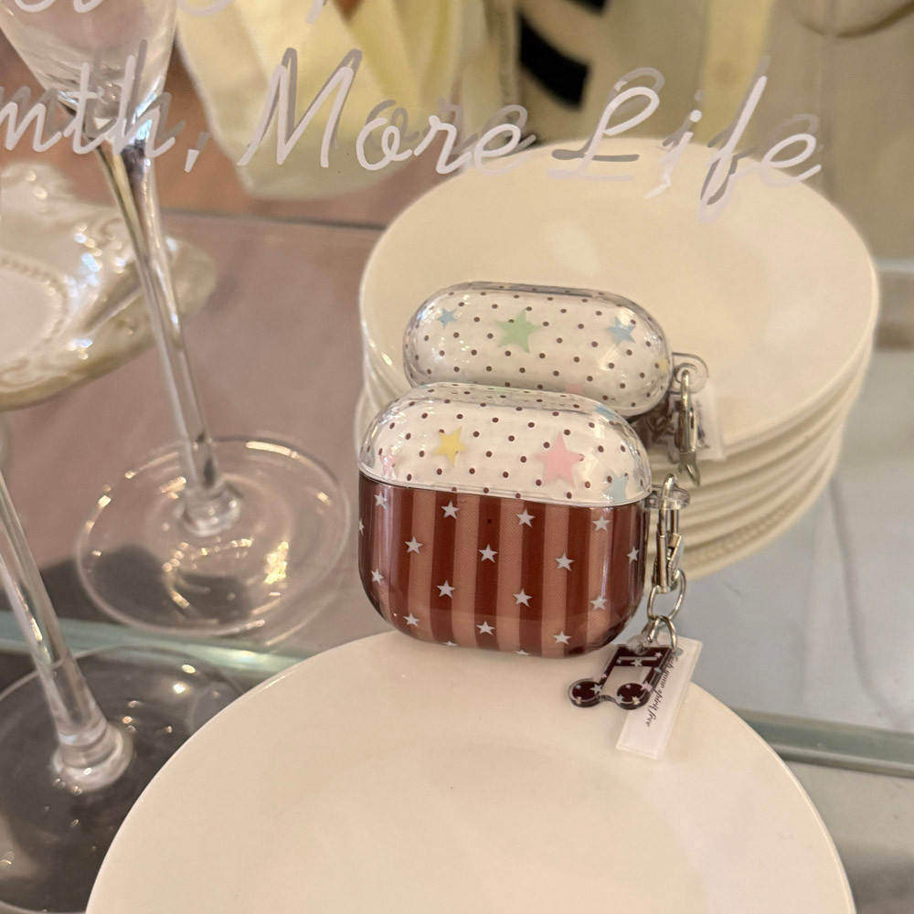 Ins แนวตั้งลาย Star Polka Dot พร้อมพวงกุญแจหูฟังสําหรับ AirPods 1 หรือ 2 3 4 Pro 2 Pro 3 ฝาครอบป้องกันแบบนุ่ม