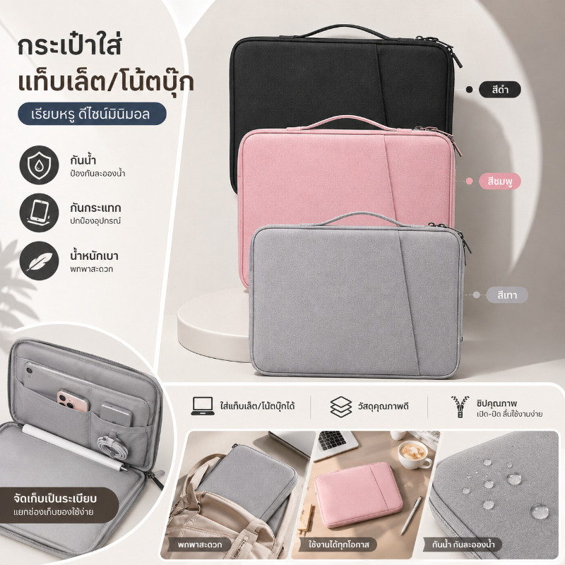 กระเป๋าใส่ไอแพด แท็บเล็ต โน้ตบุ๊ค วัสดุไนลอนกันน้ำ ขนาด 11/13 นิ้ว สำหรับ iPad Tablet Macbook ไม่มีสาย
