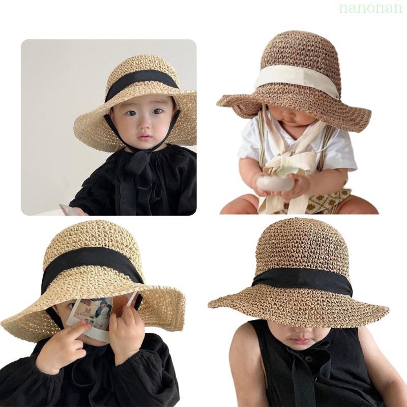 Nan หมวกปีกกว้างป้องกันแสงแดดหมวกฤดูร้อนสานฟางสําหรับสาวน้อยทารกเด็กวัยหัดเดินหมวกกันแดดชายหาดเด็กท่