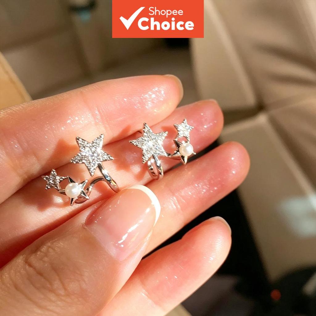Cz Double Star Pearl Mini Huggie ต่างหูสุภาพสตรีที่ละเอียดอ่อนทุกวันเครื่องประดับหูอย่างเป็นทางการ