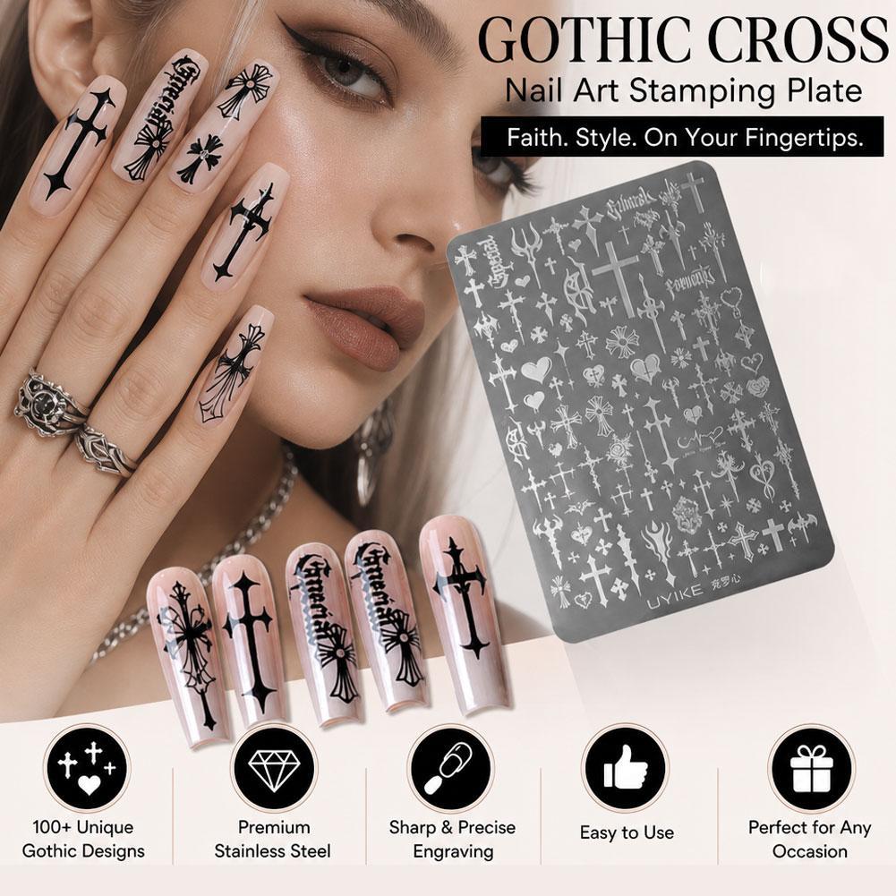 Y2k Punk Gothic Cross แผ่นปั๊มเล็บ – แม่แบบสแตนเลส, เครื่องมือ Transfer Vintage Art เหล็ก A8j0