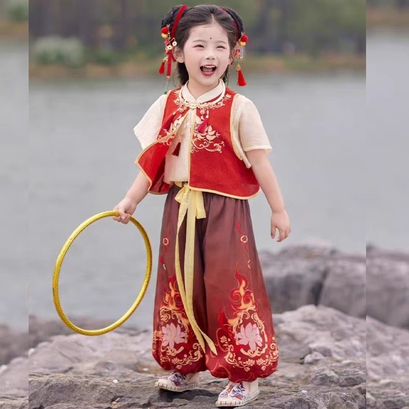 เด็ก Nezha เสื้อผ้าจีนชุดจีนชายหญิง Stage Nezha cos เสื้อผ้าแขนสั้น Hanfu