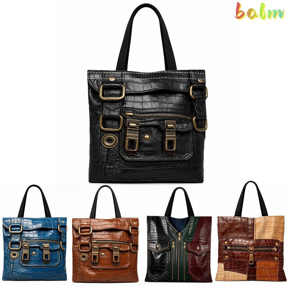 BALM Canvas Tote Bag, Pattern Faux Crocodile Pattern Single Shoulder Bag, Vintage Style Punk Style D
