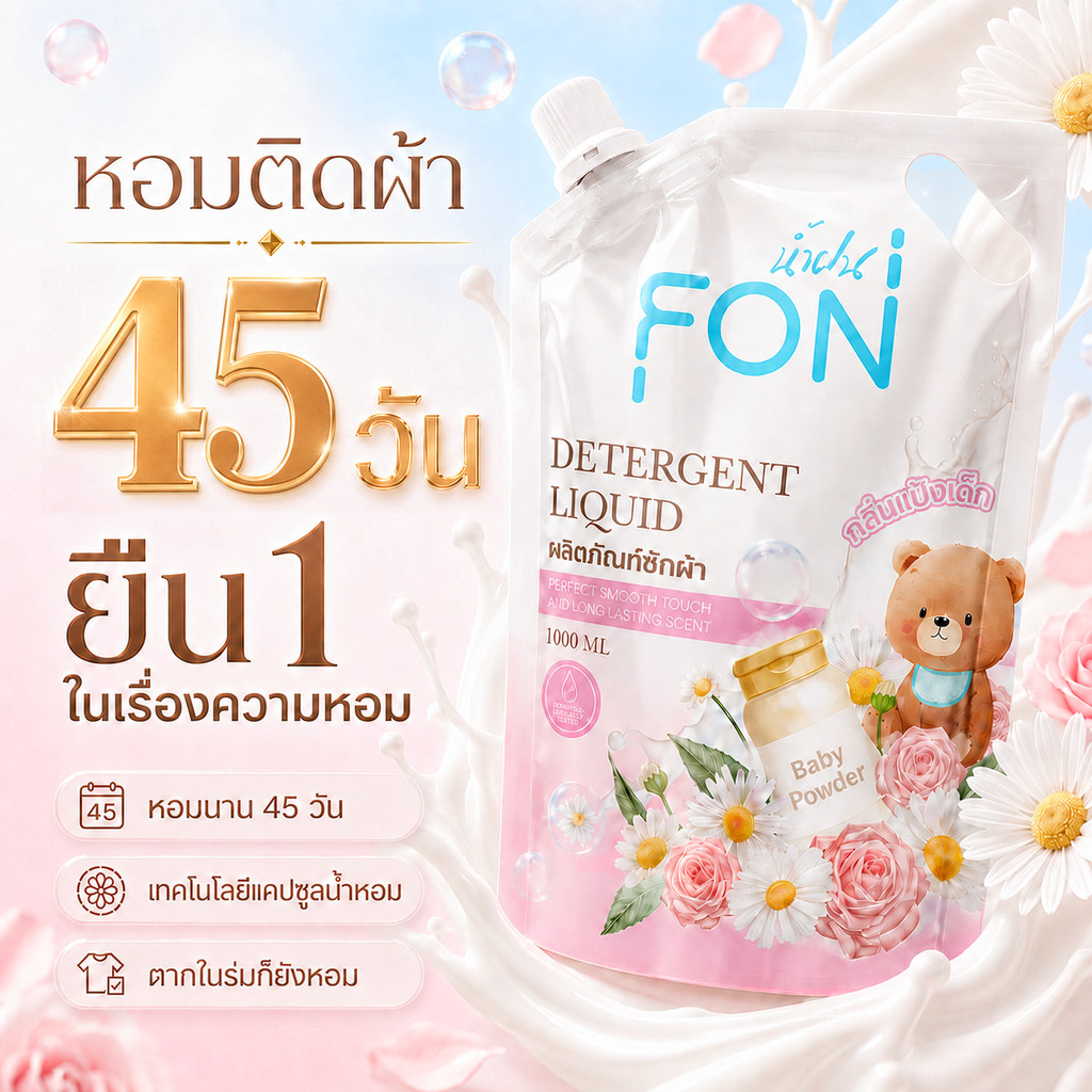 NamFon น้ำยาซักผ้า กลิ่นแป้งเด็ก  สูตรกลิ่นน้ำหอมพรีเมียม ผล