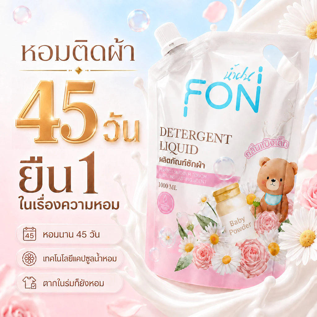 NamFon น้ำยาซักผ้า กลิ่นแป้งเด็ก สูตรกลิ่นน้ำหอมพรีเมียม ผลิตภัณฑ์ซักผ้า น้ำยาซักผ้า ขนาด1000 มล.