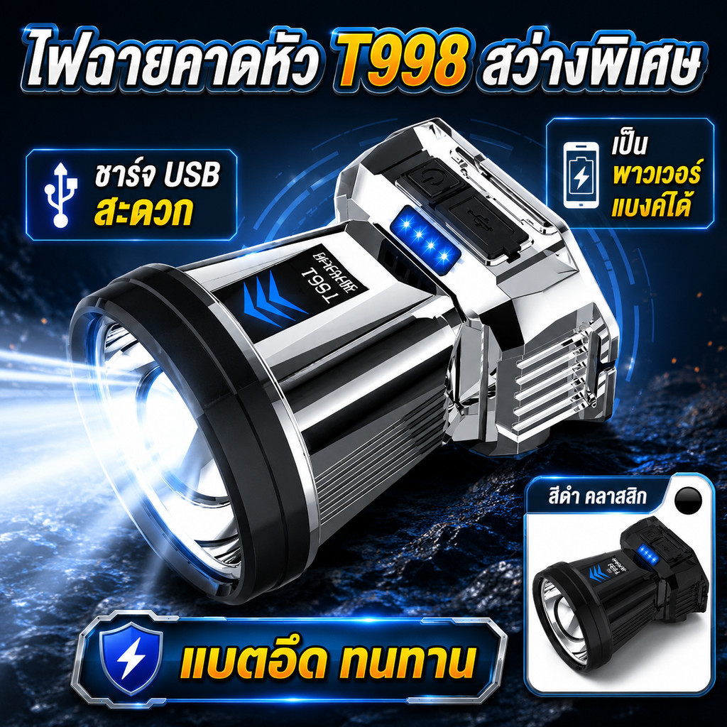 ไฟฉายคาดศีรษะ LED รุ่น T998 กันน้ำ แบตเตอรี่ใช้งานได้ยาวนานเป็นพิเศษ (48-72 ชั่วโมง) ปรับความสว่างได้ ชาร์จผ่าน USB มีฟั