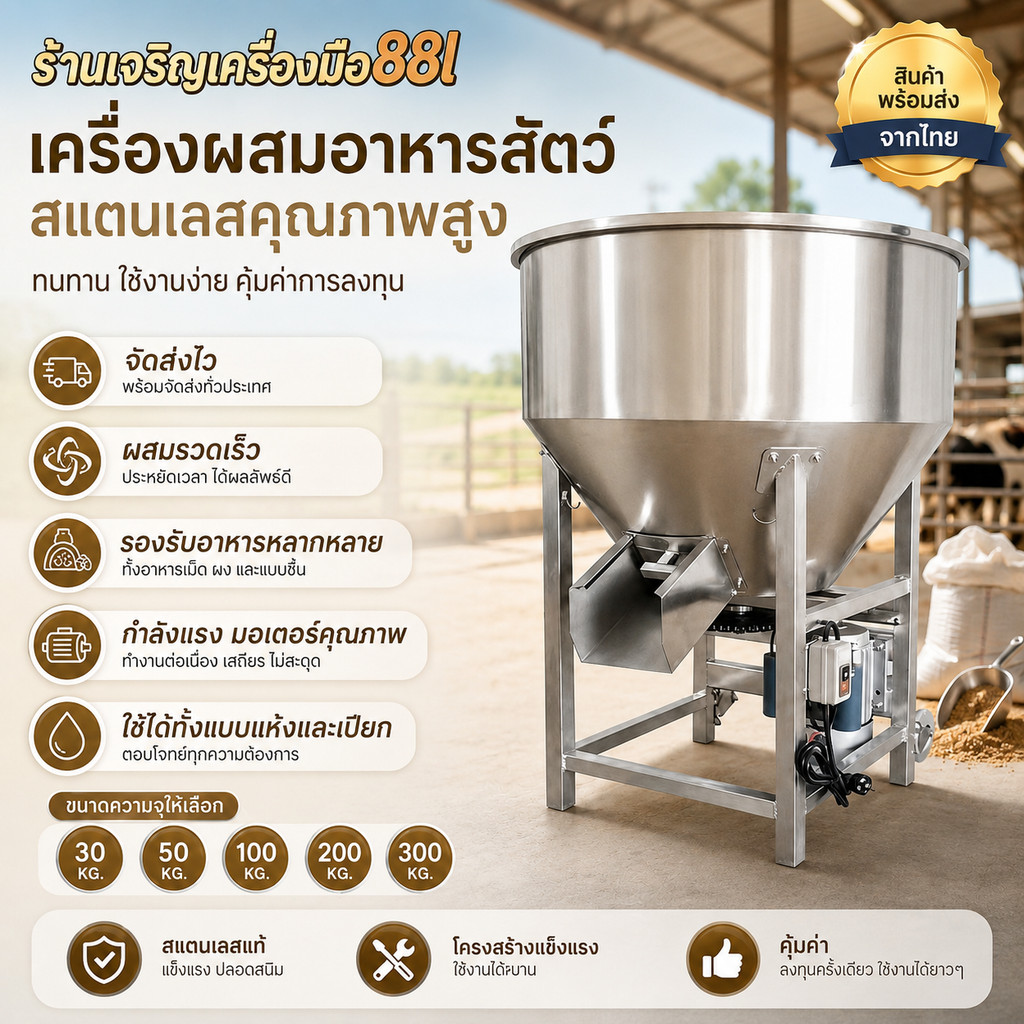 🔥สแตนเลสหนาพิเศษ เครื่องผสมอาหารสัตว์ 220V สำหรับครัวเรือนและฟาร์ม ผสมอาหารสัตว์ได้อย่างสม่ำเสมอ  สแตนเลส