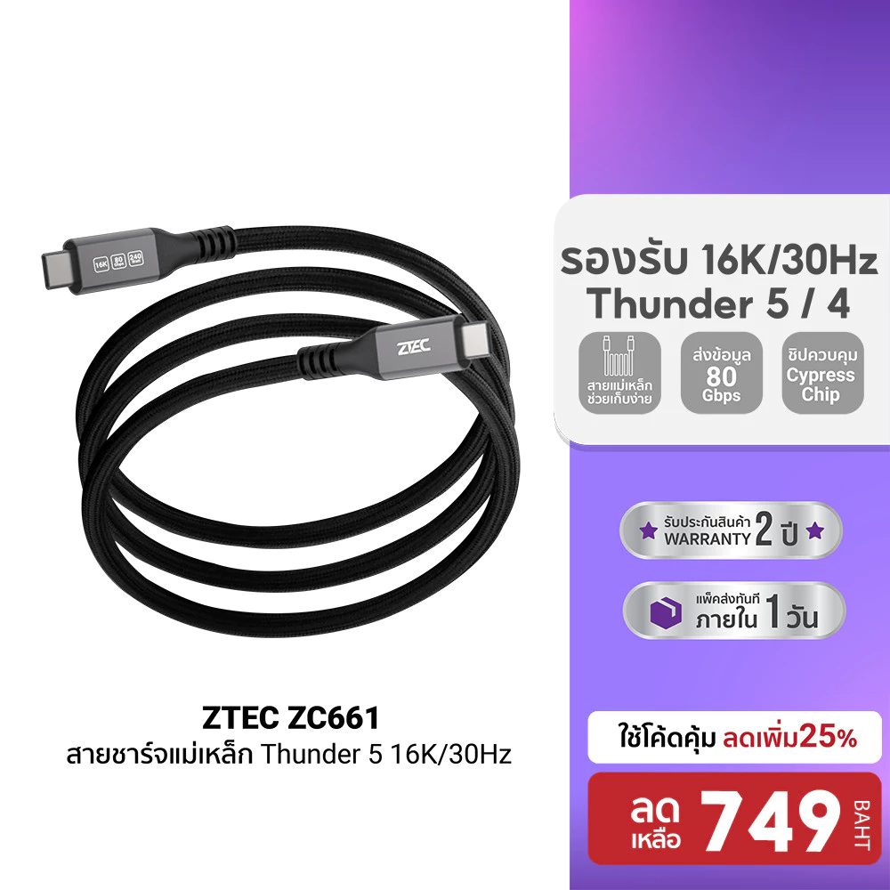 ZTEC ZC661 สายชาร์จเร็วแบบแม่เหล็ก 240W USB-C to USB-C Thunder 5,USB 4 รองรับการเชื่อมต่อภาพ 16K -24M