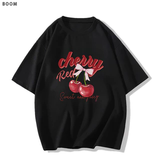 COD✅ (ส่งจากกรุงเทพ)BOOM Shop เสื้อยืด oversize -🍒แฟชั่นหวานเชอร์รี่ตัวอักษรพิมพ์เสื้อยืดผู้หญิงแขนสั้น