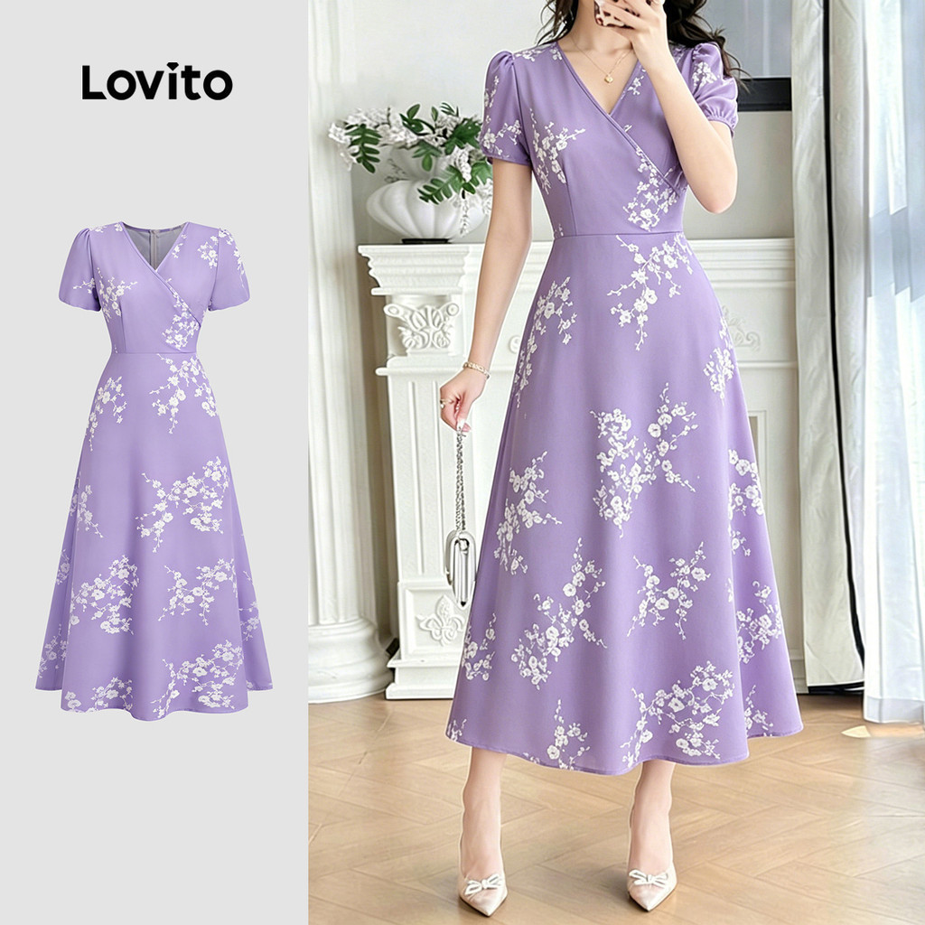 Lovito เดรสสีม่วงลายดอกไม้สําหรับผู้หญิง แบบสบาย โครงสร้างจับจีบ เหมาะสําหรับฤดูใบไม้ผลิและฤดูร้อน LK5ED206
