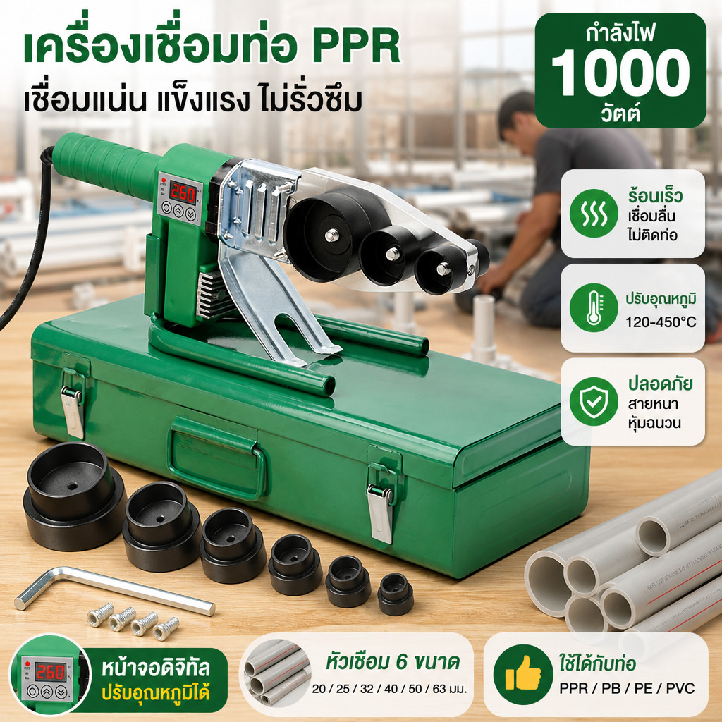 เครื่องเชื่อมท่อ PPR 1000W จอ LED ปรับอุณหภูมิได้ 120-450°C พร้อมหัวเชื่อม 6 ขนาด อุปกรณ์ช่างประปา