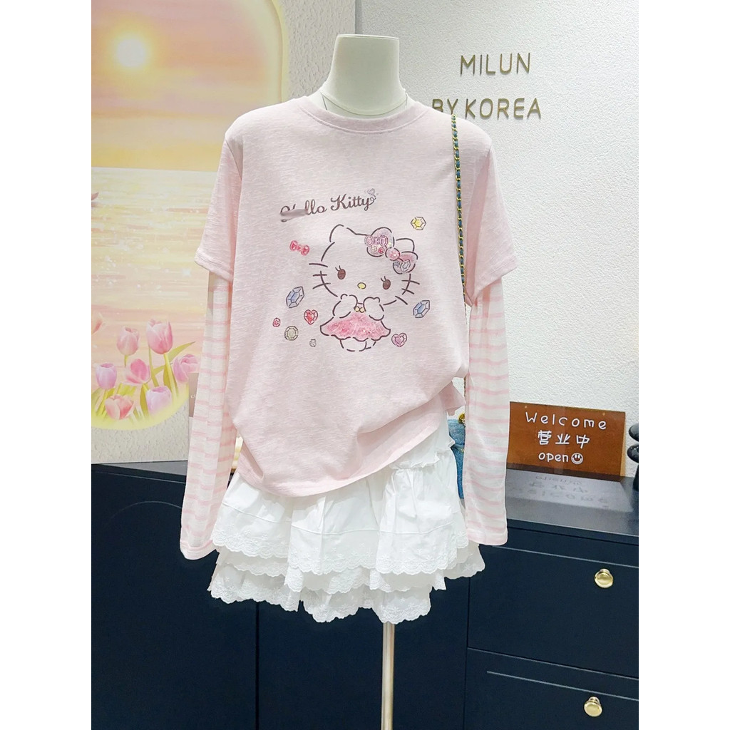 ผู้หญิงแมวน่ารักพิมพ์แขนยาวเสื้อยืดแฟชั่น สูง ถนน หลวมครีมกันแดด สูงสุด