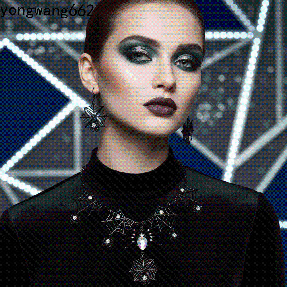 NORYX ชุดเครื่องประดับฮาโลวีน, Rhinestone Black Alloy Gothic Spider สร้อยคอ, Spiderweb จี้ชุด Dark G
