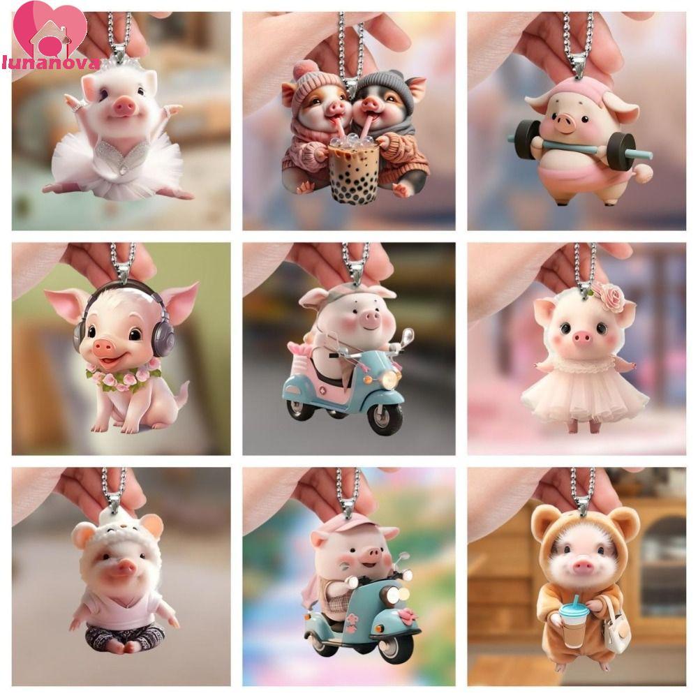LUNANOVA Piglet Key Chain,อะคริลิคแฟชั่นKey Chainจี้,Biker Pig Piglet Shapeน่ารัก 2Dกระเป๋าเป้สะพายห