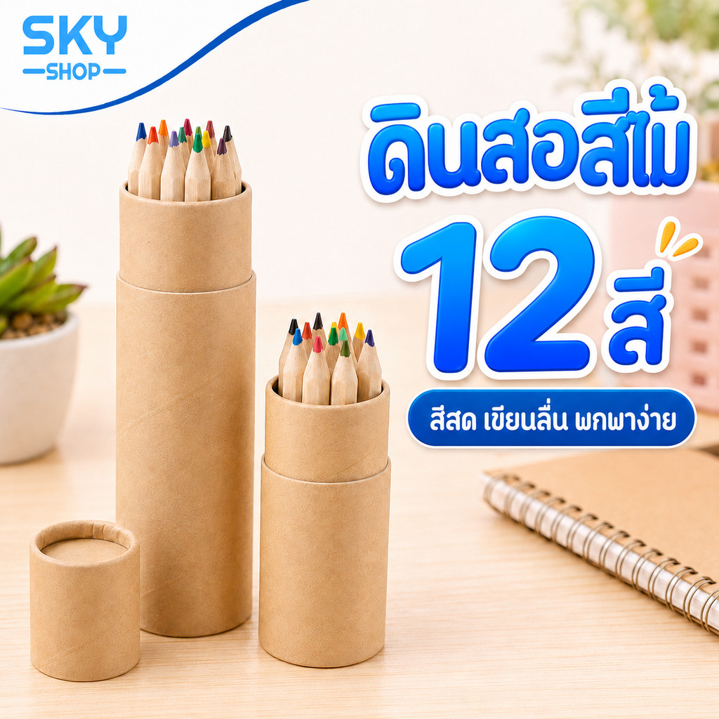 SKY สีไม้ ดินสอสีไม้ 12 สี ไม่มีลาย พกพาง่าย เหมาะสำหรับเด็ก มีทั้งแบบสั้น และแบบยาว