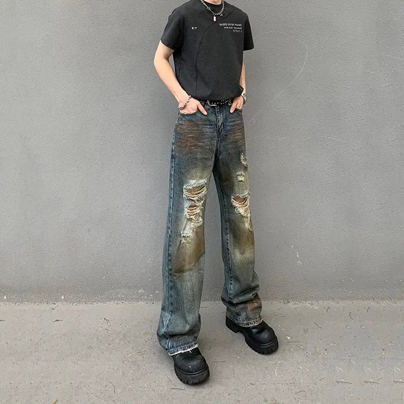 Sun Ensheng [One Pants Hard to Seek] Retro Ripped Jeans Men Women Street Wear Street Straight Loose 