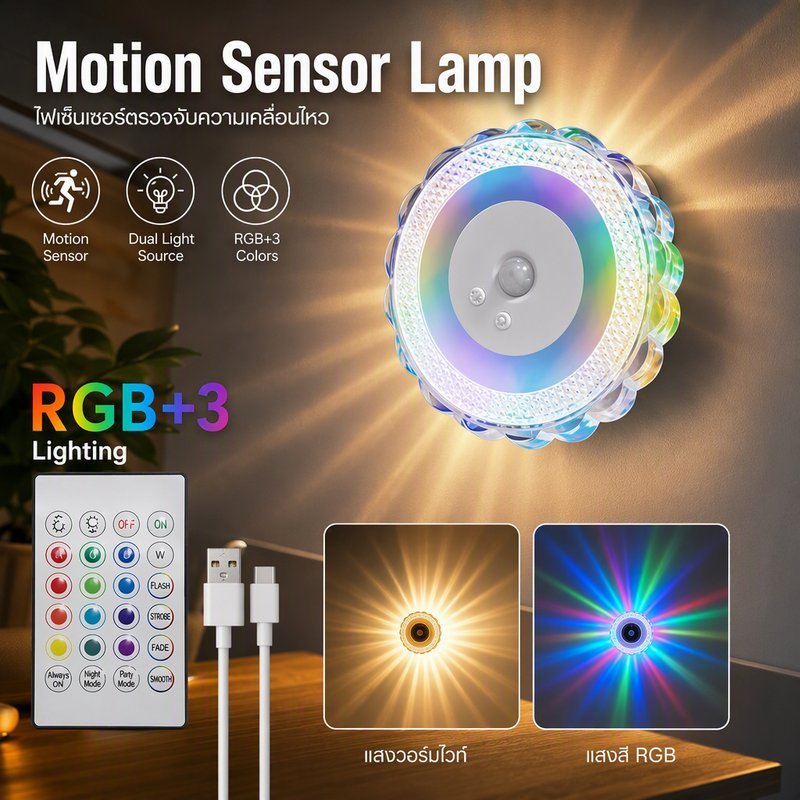โคมไฟกลางคืน LED เซ็นเซอร์เคลื่อนไหว 3สีอ่อน RGB เปลี่ยนสี ชาร์จ USB ไร้สาย เปิดปิดอัตโนมัติ ไฟทางเดิน