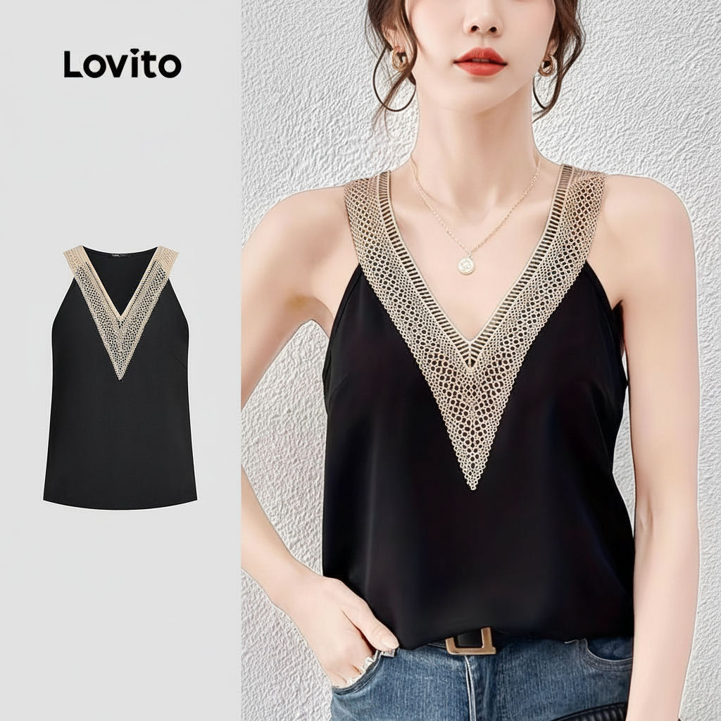 Lovito วันหยุด เสื้อผู้หญิง ลําลอง คอระริก ฤดูใบไม้ผลิ ฤดูร้อน สีดํา เกาหลี อินเทรนด์ L158AD148