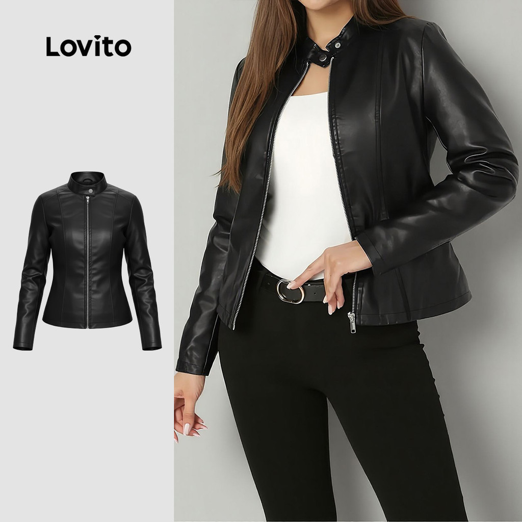 Lovito แจ็คเก็ตลําลองผู้หญิง สีดํา ซิป/กระดุม ฤดูใบไม้ร่วง/ฤดูหนาว LK6LD412