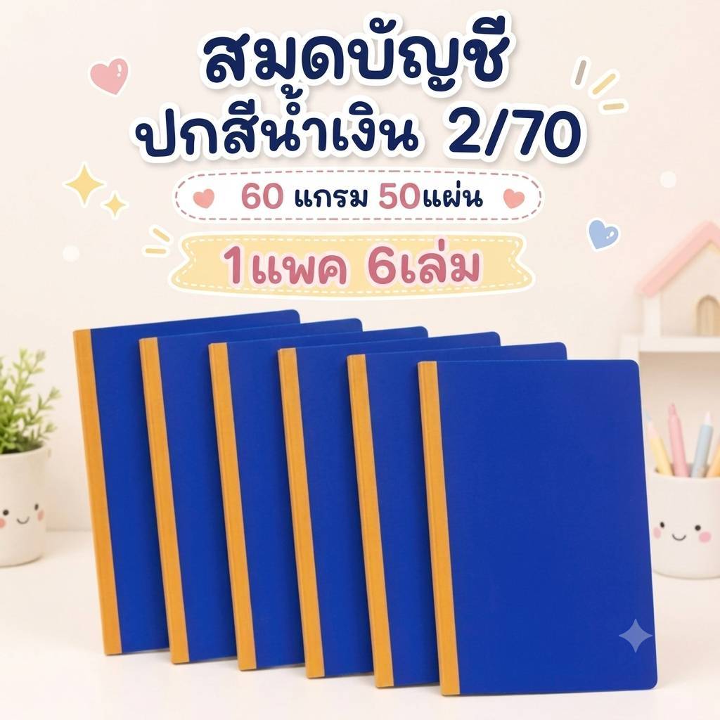 สมุดบัญชี 2/70 ปกน้ำเงิน 60 แกรม 50 แผ่น 1 แพ็ค 6 เล่ม สมุดบัญชีร้านค้า เขียนลื่น ออกใบกำกับภาษีได้