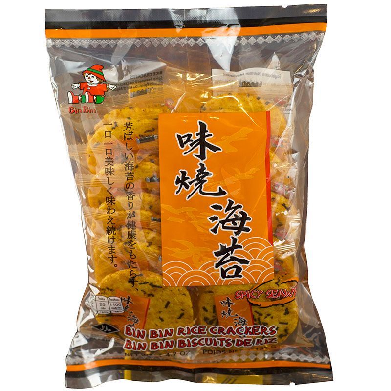 บินบินข้าวหอมมะลิอบกรอบรสสไปซี่สาหร่าย 135กรัม Binbin Rice Cracker Spicy Seaweed 135g. [หมายเลขบาร์โค้ด 8852098703170]