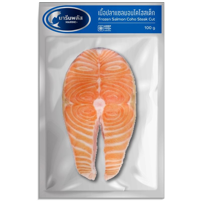 มารีนพลัสเนื้อปลาแซลมอนสเต็ก โคโฮ แช่แข็ง 100ก Marine Plus Frozen Coho Salmon Steak Cut 100g [8853474094028 ]