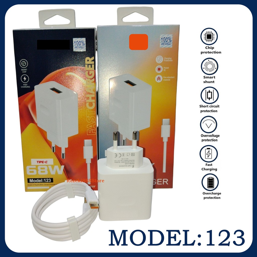 เครื่องชาร์จสําหรับรุ่น 123 68W Universal สําหรับ Android Fast Charging อะแดปเตอร์ Batok + สายเคเบิล