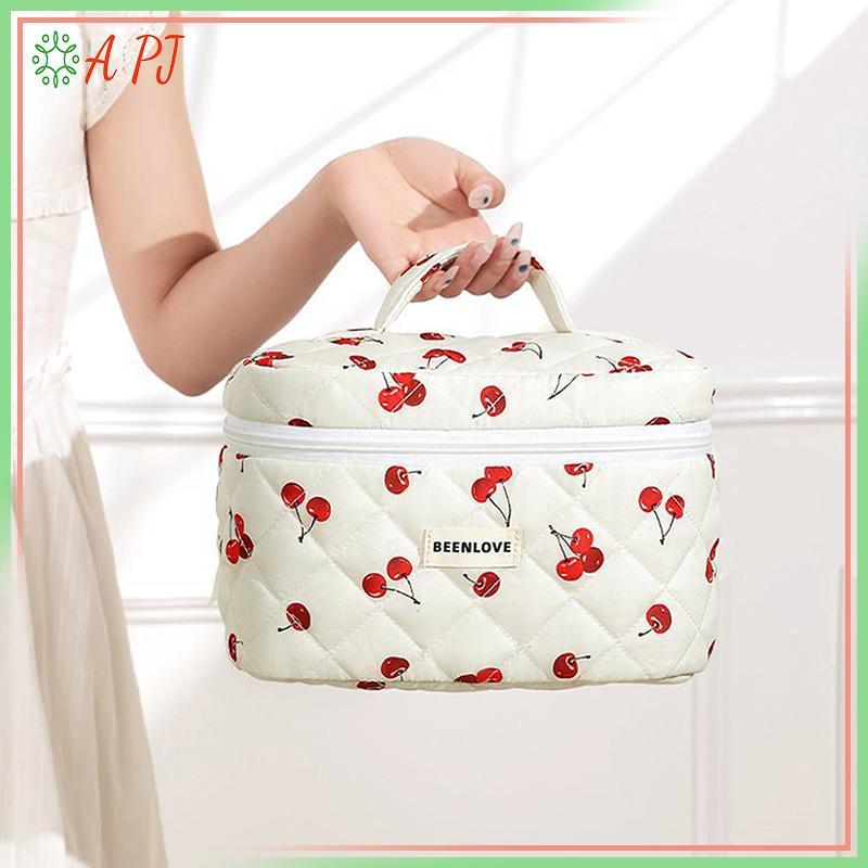 [APJ] 1PC Cherry Printing Makeup Bag Quilted Makeup Bag Large Flower Makeup Bag Womens Cotton Makeup