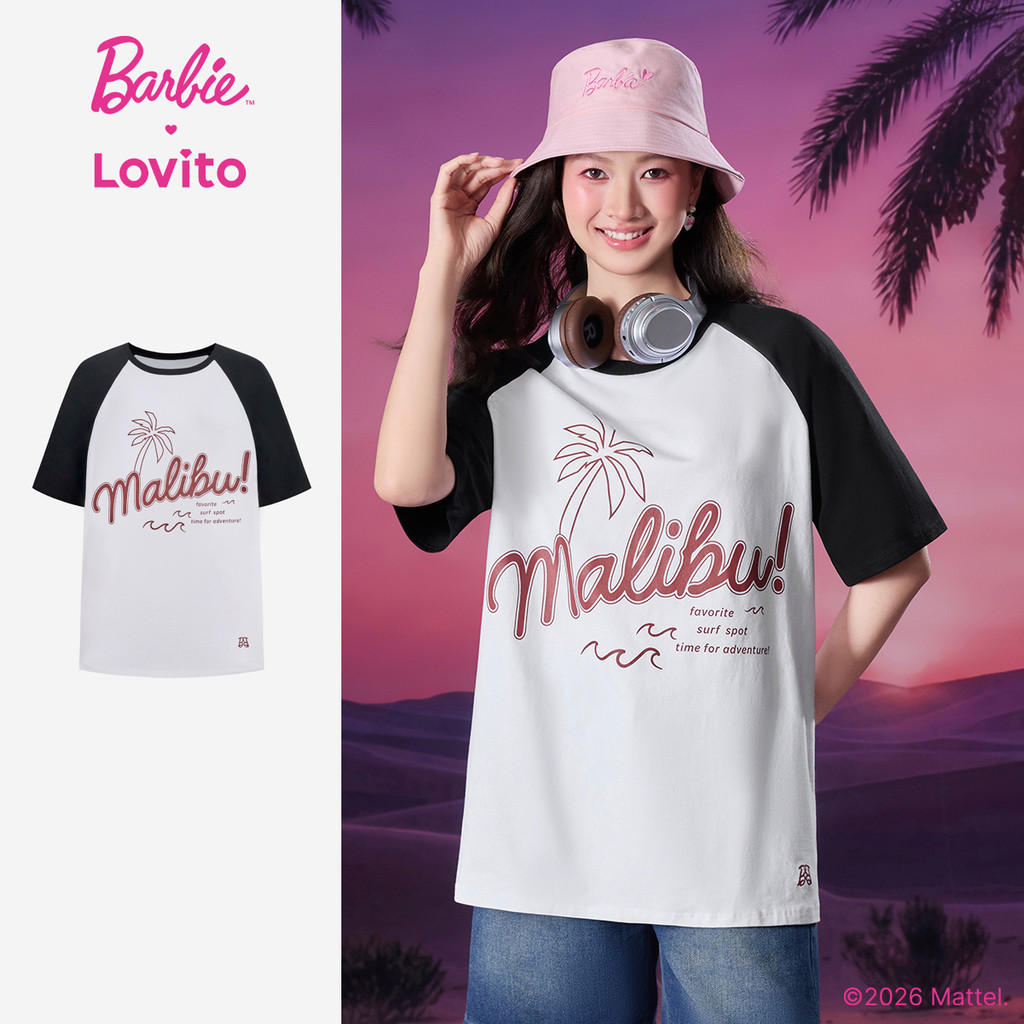 Barbie™ X Lovito เสื้อยืดสีขาวลำลองผู้หญิง ฤดูใบไม้ผลิ/ร้อน แขนสั้น คอกลม สีตัดกัน เกาหลี อินเทรนด์ LBL5AD044
