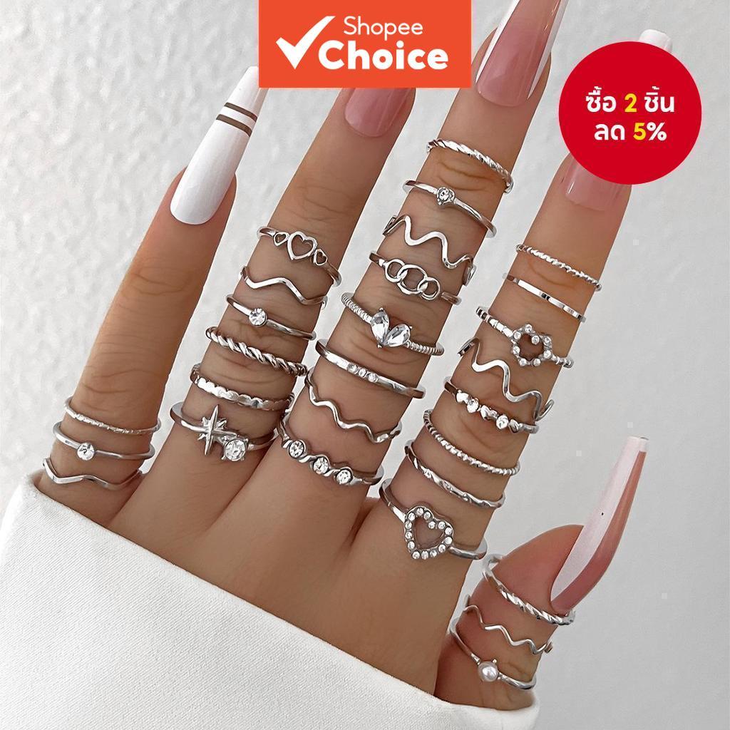 28 ชิ้น Slim Wave แหวนชุดเรขาคณิตหัวใจ Stackable Band ผู้หญิงทุกวันเครื่องประดับของขวัญ