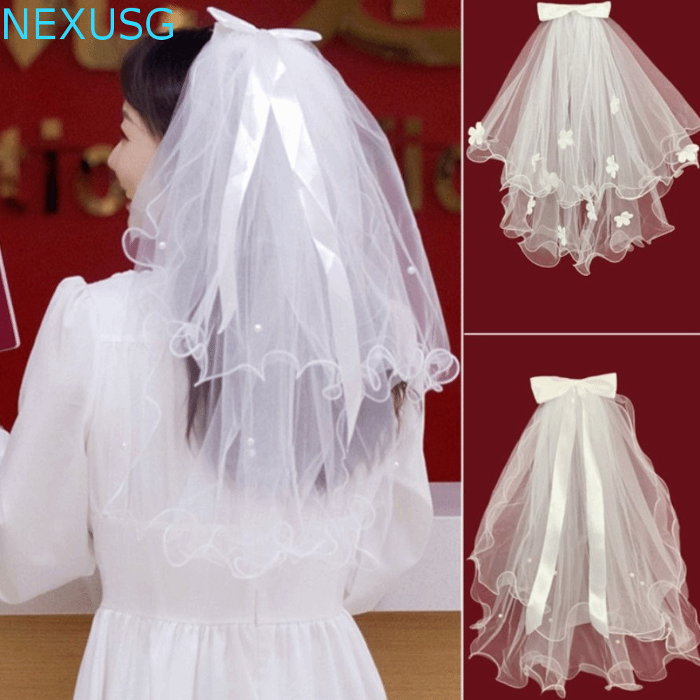 NEXUSG Marry Veil, Pearl Ribbon Bride Veil, Wedding Flower Bow เจ้าสาว Headdress Wedding Gauze Women